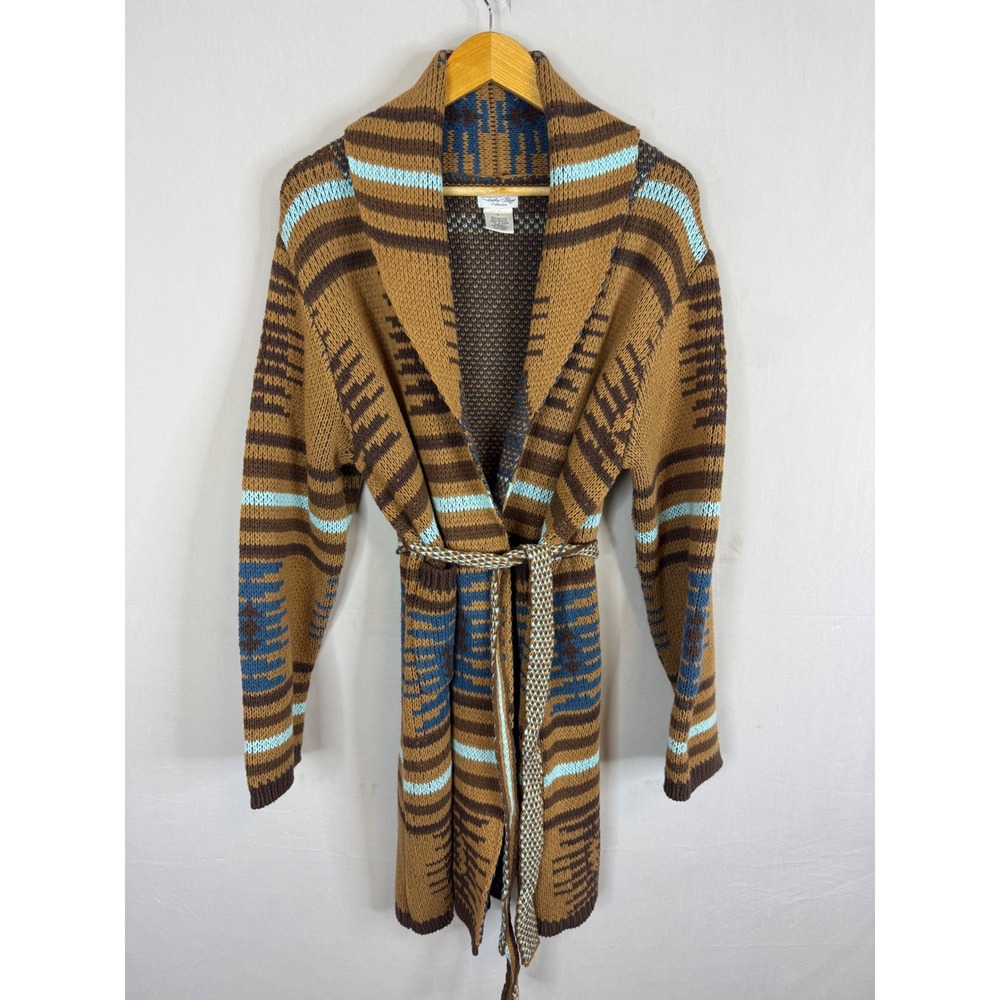 Tasha Polizzi Women L Southwestern Shawl Cardigan Brown Blue Geometric Belted
